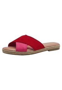Sandali slide in suede rosso e rosa con design a fascetta incrociata, presentano una suola in juta intrecciata e una soletta piatta.