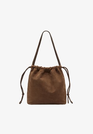 Braune Wildleder-Schnürtasche mit zwei Schulterriemen, weicher Textur und gerafftem oberen Teil. Einfaches Design, vielseitig für verschiedene Verwendungszwecke.