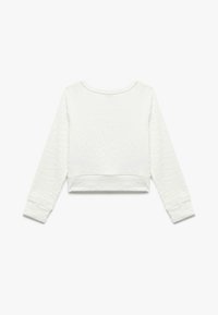 Hvid cropped sweatshirt med lange ærmer, tekstureret stof, rund halsudskæring og ribbede manchetter. Simpel design uden mønstre eller accenter.