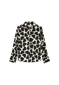 Lange mouwen shirt met een knoopsluiting aan de voorkant, gemaakt van stof met een crème achtergrond en grote zwarte hartpatronen.