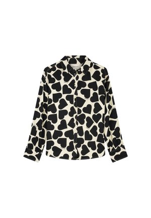 Long-sleeve shirt featuring a button-up front, crafted from fabric with a cream background and large black heart patterns.