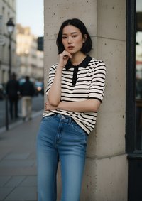 Gestreepte korte mouwen polo in crème en zwart met een kraag en knopen, gecombineerd met lichtblauwe high-waisted jeans, tegen een stadsachtergrond.