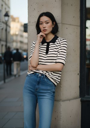 Črtasta polo majica s kratkimi rokavi v kremni in črni barvi, z ovratnikom in gumbi, v kombinaciji z svetlo modrimi visokimi džins hlačami, postavljena pred mestnim ozadjem.