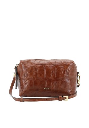 Brown crocodile-patterned leather crossbody bag with gold-tone hardware and adjustable strap, featuring small "abro" logo on front.