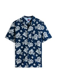 Short-sleeve, navy blue floral shirt featuring white flowers, a chest pocket, and a button-down collar. Made from lightweight fabric.