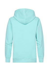 Světle modrá mikina s kapucí, příjemná na dotek, s dlouhými rukávy a jednoduchým designem. Žádné viditelné loga ani vzory. Pohled zezadu.