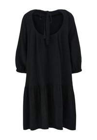 Schwarzes Kleid mit Rundhalsausschnitt, dreiviertellangen Ärmeln und einem gestuften Rock. Hergestellt aus leichtem Stoff mit strukturiertem Finish.