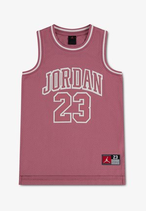 Pink netbasketballtrøje med hvid kant, "JORDAN" og nummer 23 foran, lille Jordan-logo patch nederst til højre.