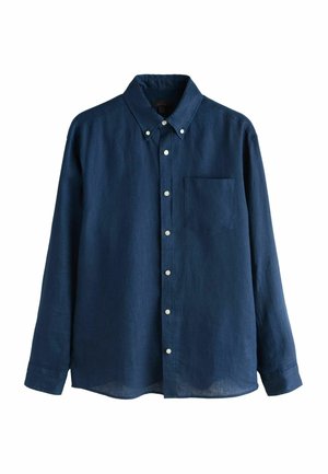 Marineblaue, langärmlige Hemdbluse aus leichtem Stoff. Verfügt über einen Kragen, eine Knopfleiste und eine Brusttasche. Glatte Textur.