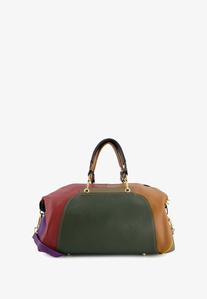 Leren handtas in meerdere kleuren: rood, groen, bruin en paars. Gestructureerd ontwerp met dubbele handvatten en een afneembare schouderband. Accenten van goudkleurig metaal.