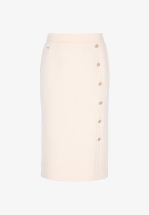 Strick-Bleistiftrock in hellbeige mit passgenauer Silhouette, ausgestattet mit einem gerippten Bund und einem seitlichen Knopfverschluss mit goldenen Akzenten.