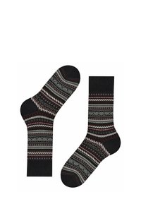 Calcetines negros con un patrón geométrico en rojo, gris y blanco, con un acabado texturizado y puños acanalados para mayor comodidad.