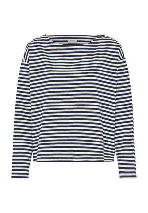 Top de manga larga a rayas azul marino y blancas con un corte relajado y cuello ancho. Tejido de algodón con textura suave, diseño sencillo.