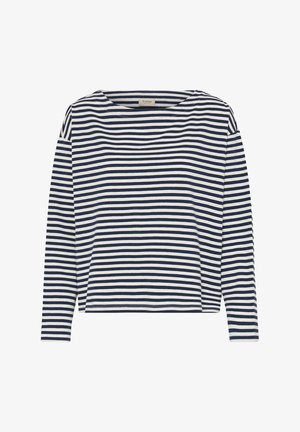 Meresinise ja valge triibulise pika varrukaga topp, millel on lõdvestunud lõige ja lai kaelus. Puuvillane kangas, millel on sile tekstuur ja lihtne disain.