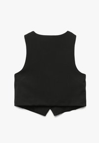 Sort ærmeløs crop top med en glat tekstur, der har en rund halsudskæring og et rygsplit-design for en moderne silhuet.