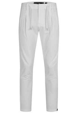 Pantalon de jogging blanc, texturé, avec une taille élastique, des cordons de serrage et des plis avant. Il dispose d'une fermeture par bouton et de jambes effilées.