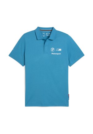 Polo turquoise en coton avec un col classique. Logos BMW et Motorsport imprimés en blanc à l'avant. Manches courtes.