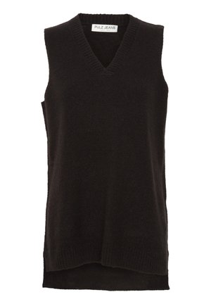 Black sleeveless sweater with a v-neck, made from soft knit fabric. Features a ribbed neckline and a slightly elongated back hem.