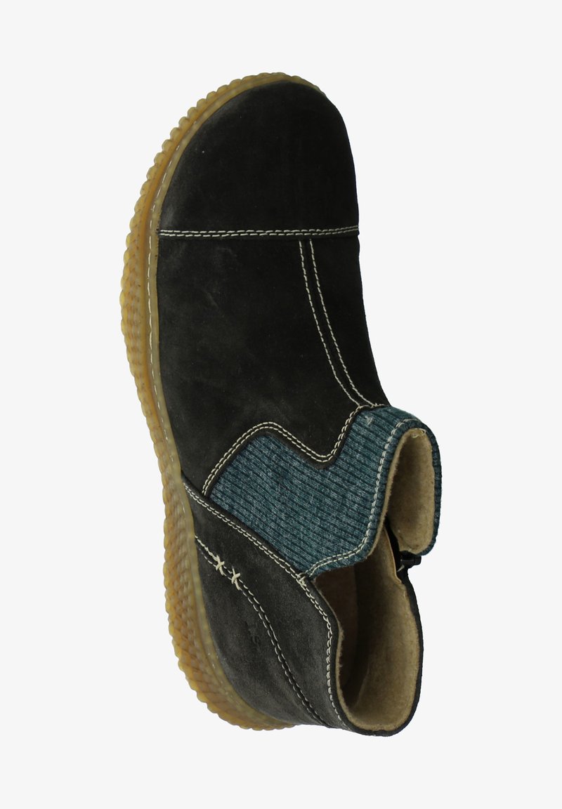 Black suede ankle boot with blue knitted fabric around the opening. Features contrasting white stitching and a rubber sole with textured grip.