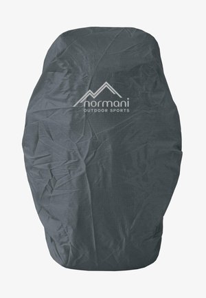 Gray outdoor gear cover made of crinkled nylon, featuring a logo with mountain graphic. Smooth texture and streamlined shape for protection.