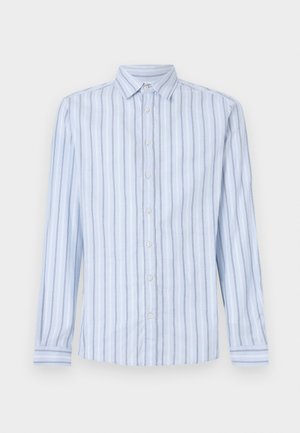 Svetlo modra srajca z dolgimi rokavi, z belimi in mornarsko modrimi navpičnimi črtami, z ovratnikom s gumbi in sprednjim zapiranjem na gumbe. Svež in gladek material.
