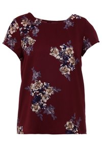 Bordový krátký rukávový top s květinovým potiskem v béžové, modré a fialové barvě. Hladká látka, kulatý výstřih a volnější střih.