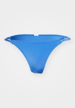 Blå bikini-bunn laget av elastisk materiale, med et enkelt design, tynne stropper og metallbeslag på sidene.