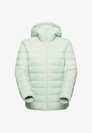 Lichtgroene pufferjack met een capuchon, met een gewatteerd ontwerp en ritssluiting. Gemaakt van een zacht, glad materiaal voor isolatie.
