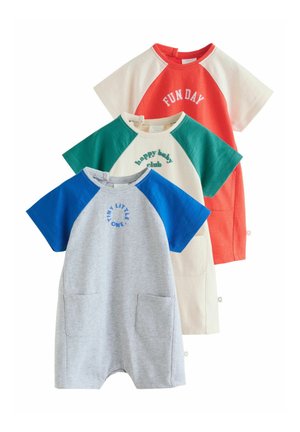 Three short-sleeve baby rompers in gray and blue, cream and green, and coral and white, each with front pockets and printed text.