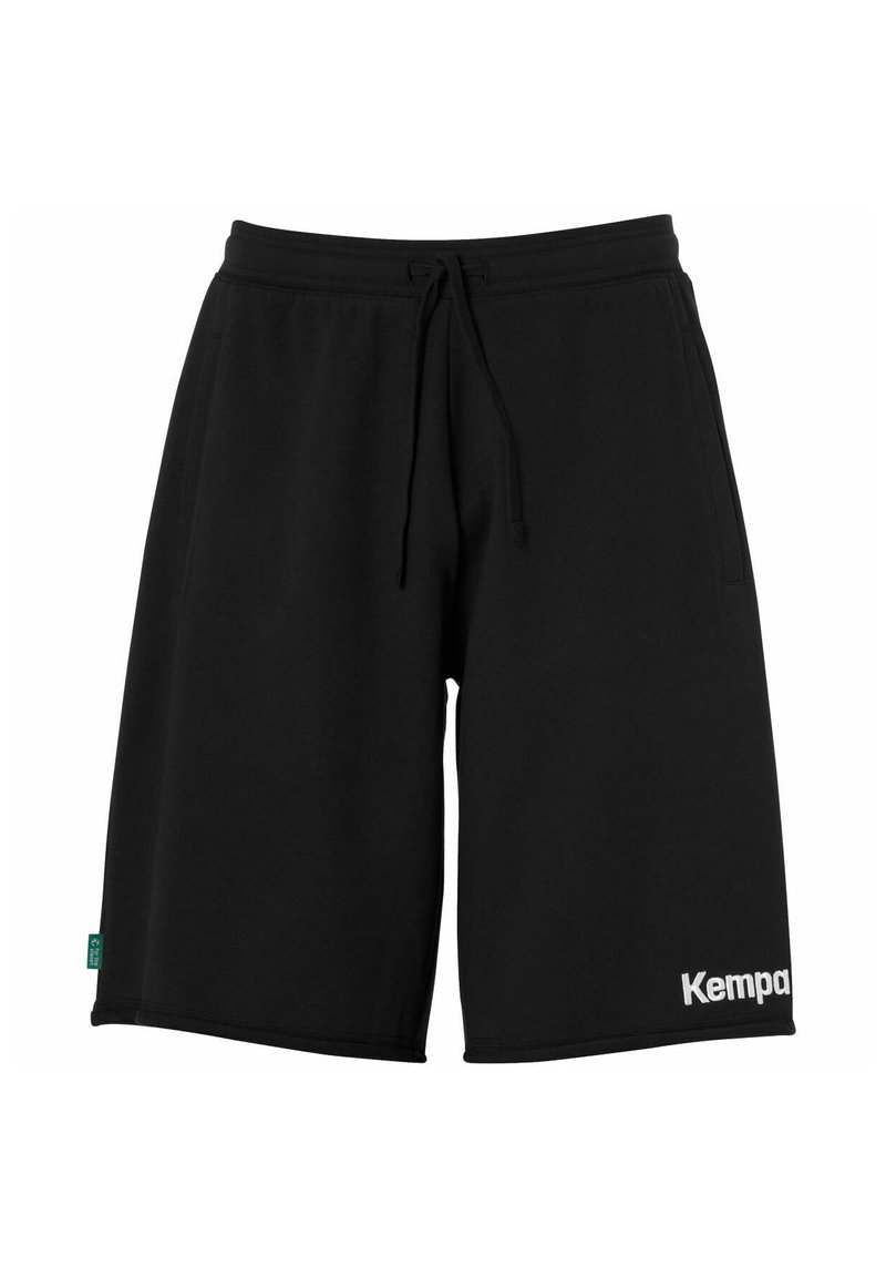 Shorts en coton noirs avec une taille élastique, un cordon de serrage et des poches latérales. Logo "Kempa" en blanc sur la jambe inférieure. Texture lisse.