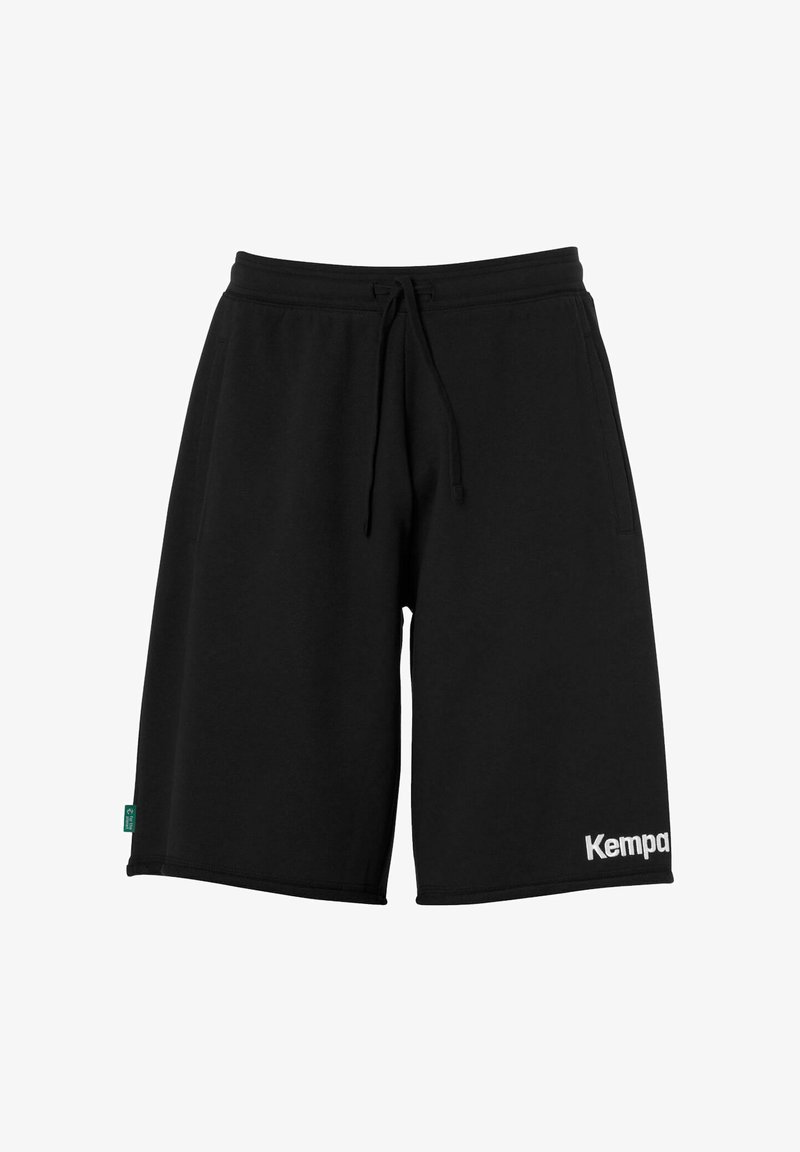 Shorts en coton noirs avec une taille élastique, un cordon de serrage et des poches latérales. Logo "Kempa" en blanc sur la jambe inférieure. Texture lisse.
