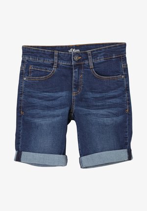 Dunkelblaue Denim-Shorts mit hellblauem umgeschlagenem Saum. Verfügbar mit fünf Taschen, sichtbaren Nähten und einem gebrandeten Taillenbund.