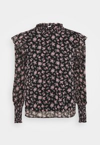 Black floral blouse with sheer fabric, ruffled neck, and long sleeves. Features small pink and white flowers throughout the design.