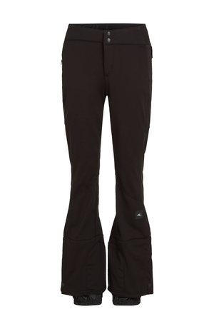 Black ski pants with a fitted design, featuring a zipper side pocket, snap buttons, and elastic cuffs at the ankles for a secure fit.