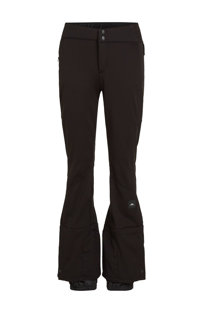 Schwarze Skihosen mit einer figurschmeichelnden Passform, ausgestattet mit einer Reißverschlusstasche an der Seite, Druckknöpfen und elastischen Bündchen an den Knöcheln für einen sicheren Sitz.