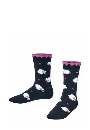 Marineblaue Socken mit weißen Schafen, die rosa Schleifen und Herzen tragen, gerippter Bund mit gewelltem rosa Saum, aus weichem Strickmaterial.