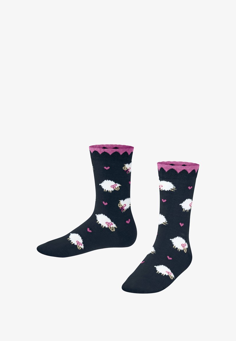 Marineblaue Socken mit weißen Schafen, die rosa Schleifen und Herzen tragen, gerippter Bund mit gewelltem rosa Saum, aus weichem Strickmaterial.