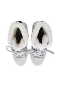 Grey high-top sneakers with a soft, white fleece lining and grey laces. The padded collar provides additional comfort and support.