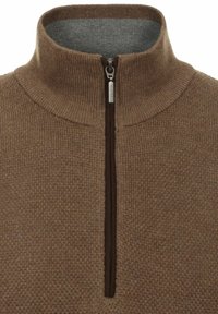 Brauner, gestrickter Halb-Reißverschluss-Pullover mit strukturiertem Rippendesign, hohem Kragen und kontrastierender grauer Innenverkleidung. Mit einem Metallreißverschluss an der Vorderseite.
