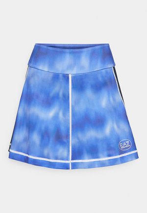 Blue tie-dye skirt made of stretch fabric, featuring a wide waistband, white stitching, and a logo in the lower right corner.
