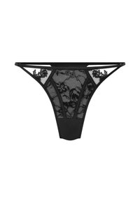 String noir en dentelle avec des motifs floraux, des panneaux en maille et une taille noire unie. Des bretelles délicates embellissent le design.