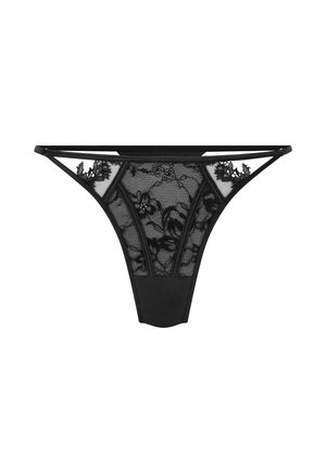 Zwarte kanten string met bloempatronen, netpanelen en een effen zwarte tailleband. Delicate bandjes versterken het ontwerp.