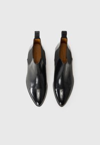 Bottines en cuir noir avec un bout pointu, des panneaux latéraux élastiques et une tirette à l'arrière ; texture lisse et design minimaliste.