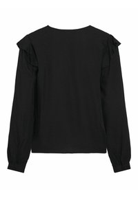 Crna bluzica dugih rukava s suptilnim teksturiranim uzorkom, okruglim izrezom i nabranim detaljima na ramenima. Rukavi sa dugmadi.