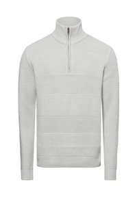Jersey de cuello con cremallera en gris claro que presenta un patrón a rayas texturizado con detalles acanalados en las mangas y el dobladillo. Fabricado en un tejido de punto.