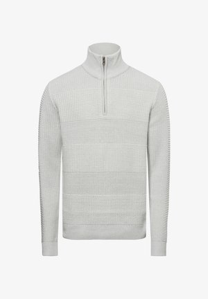 Lichtgrijze zip-neck trui met een gemêleerd, gestreept patroon en ribgebreide details op de mouwen en de zoom. Gemaakt van een gebreide stof.