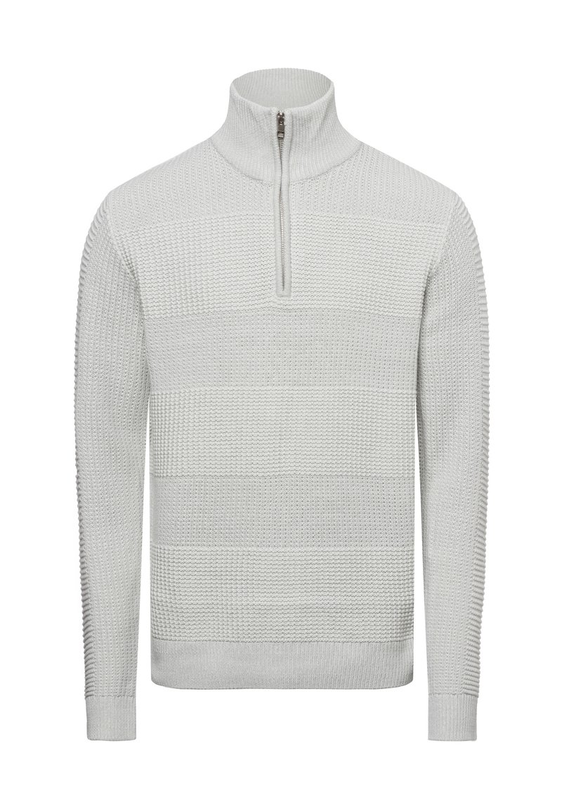 Lichtgrijze zip-neck trui met een gemêleerd, gestreept patroon en ribgebreide details op de mouwen en de zoom. Gemaakt van een gebreide stof.