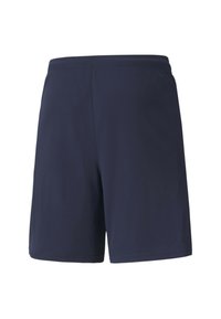 Shorts de sport bleu marine fabriqués en tissu léger et lisse, avec une taille élastique et sans motifs ni matériel visible.