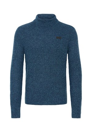 Strick-Turtleneck-Pullover in einem tiefen Blauton. Mit strukturierter Oberfläche und einem kleinen schwarzen Logo auf der Vorderseite. Lange Ärmel und taillierte Passform.