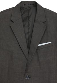 Dunkelgrauer Herrenanzugjacke mit Reverskragen, ein Knopf und weißem Taschentuch in der Brusttasche.